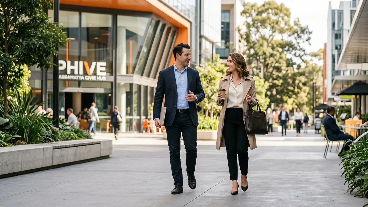 Professionals discussing home loan planning in a Parramatta plaza