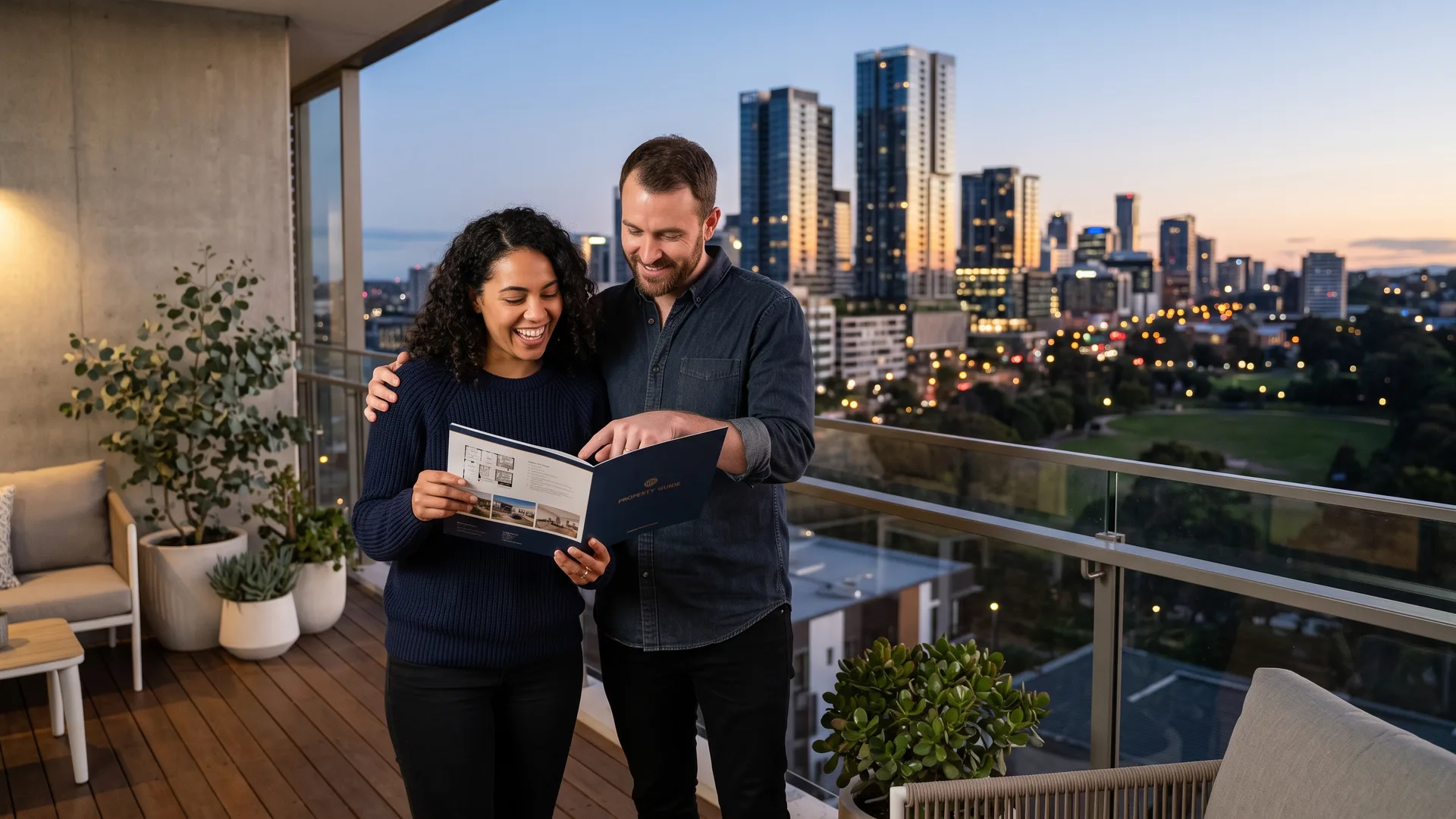 Couple reviewing home loan options with Parramatta skyline behind them