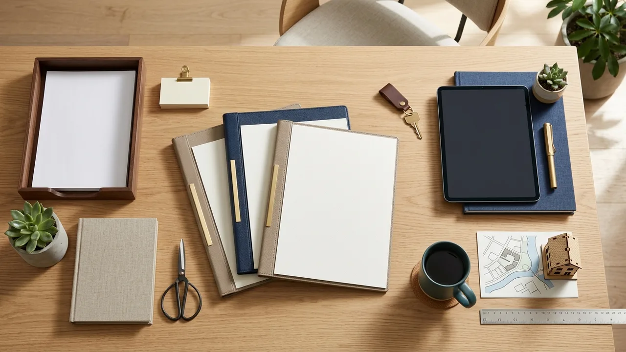Desk with blank finance folders and property planning materials